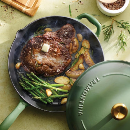 Tramontina Skillet 12" Enameled Cast Iron Pan W/Lid Gold Knob,