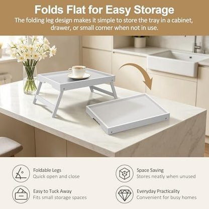 Bamboo Breakfast Tray Folding Legs Breakfast Set of 2 Tray, White