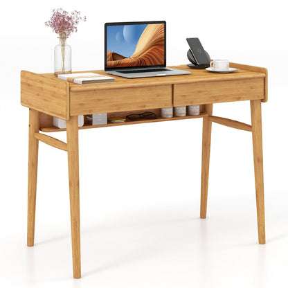 Bamboo Writing Desk W/2 Drawers & Open Shelf Study Writing Desk