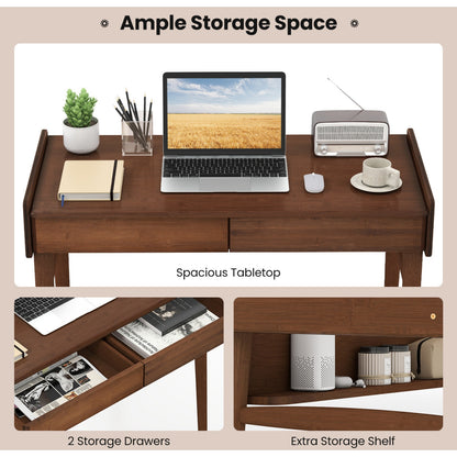 Bamboo Writing Desk W/2 Drawers & Open Shelf Study Desk, Walnut