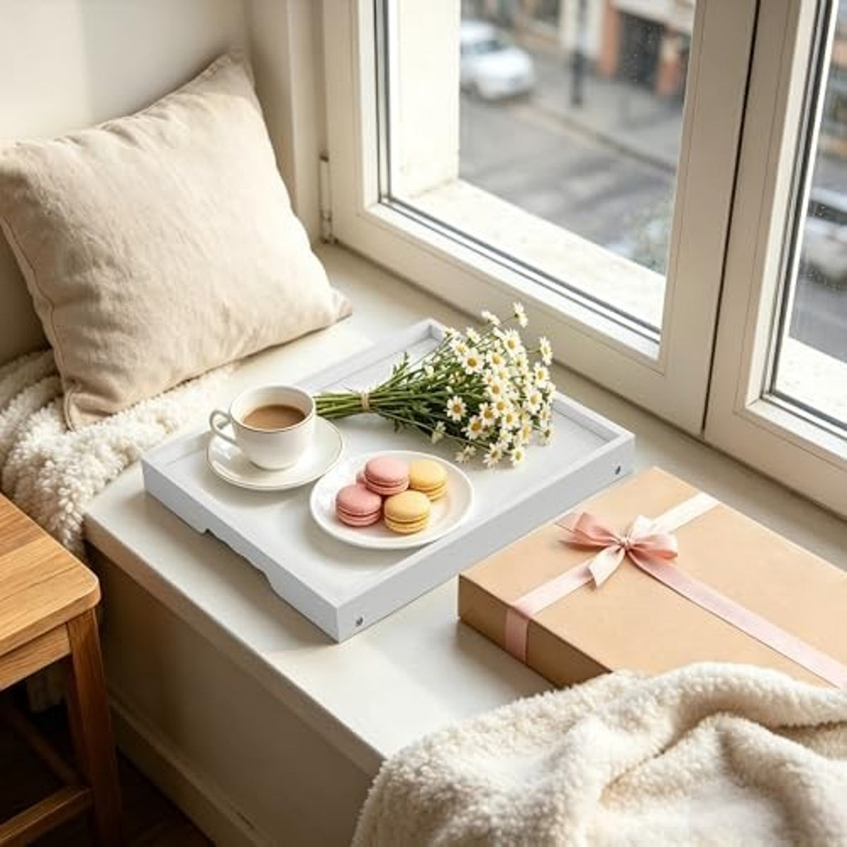 Bamboo Breakfast Tray Folding Legs Breakfast Set of 2 Tray, White