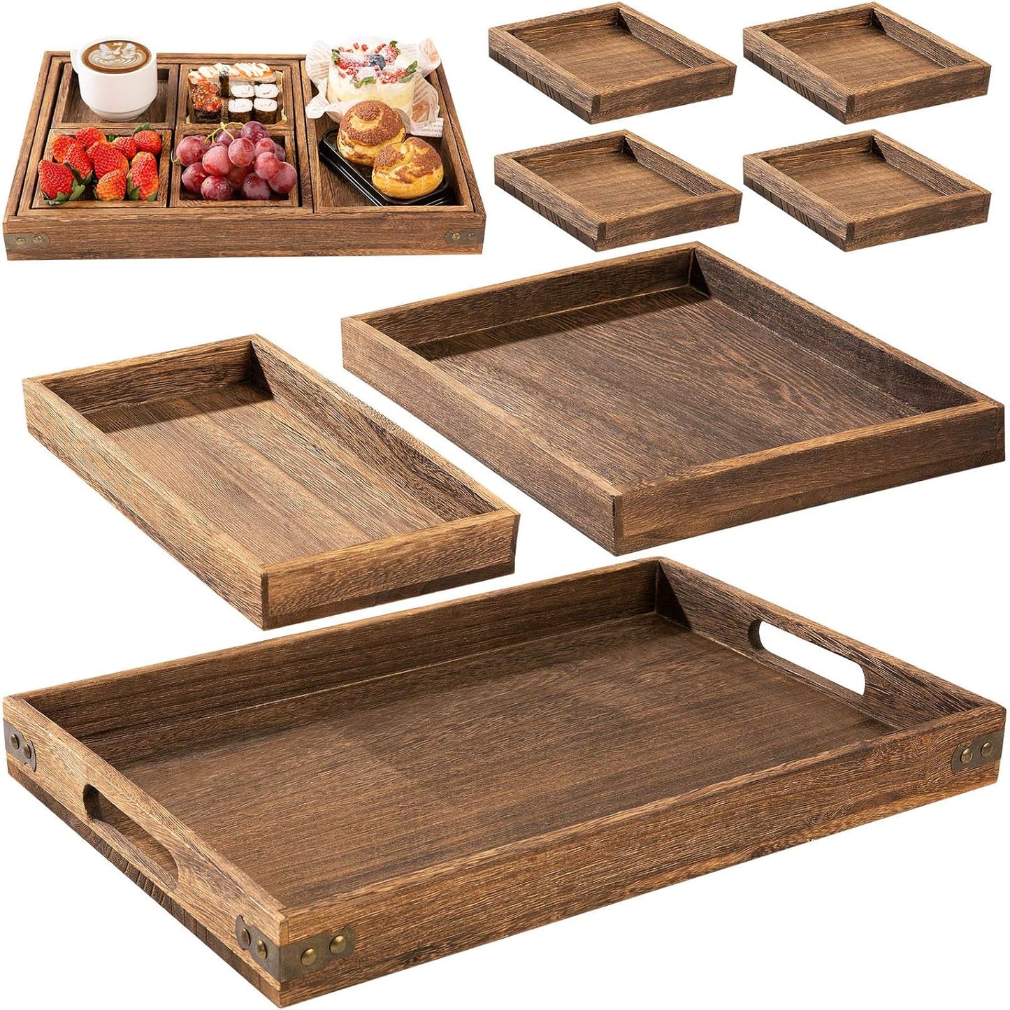 Wooden Serving Trays W/Handle Rectangular Rustic Tray, Set of 7