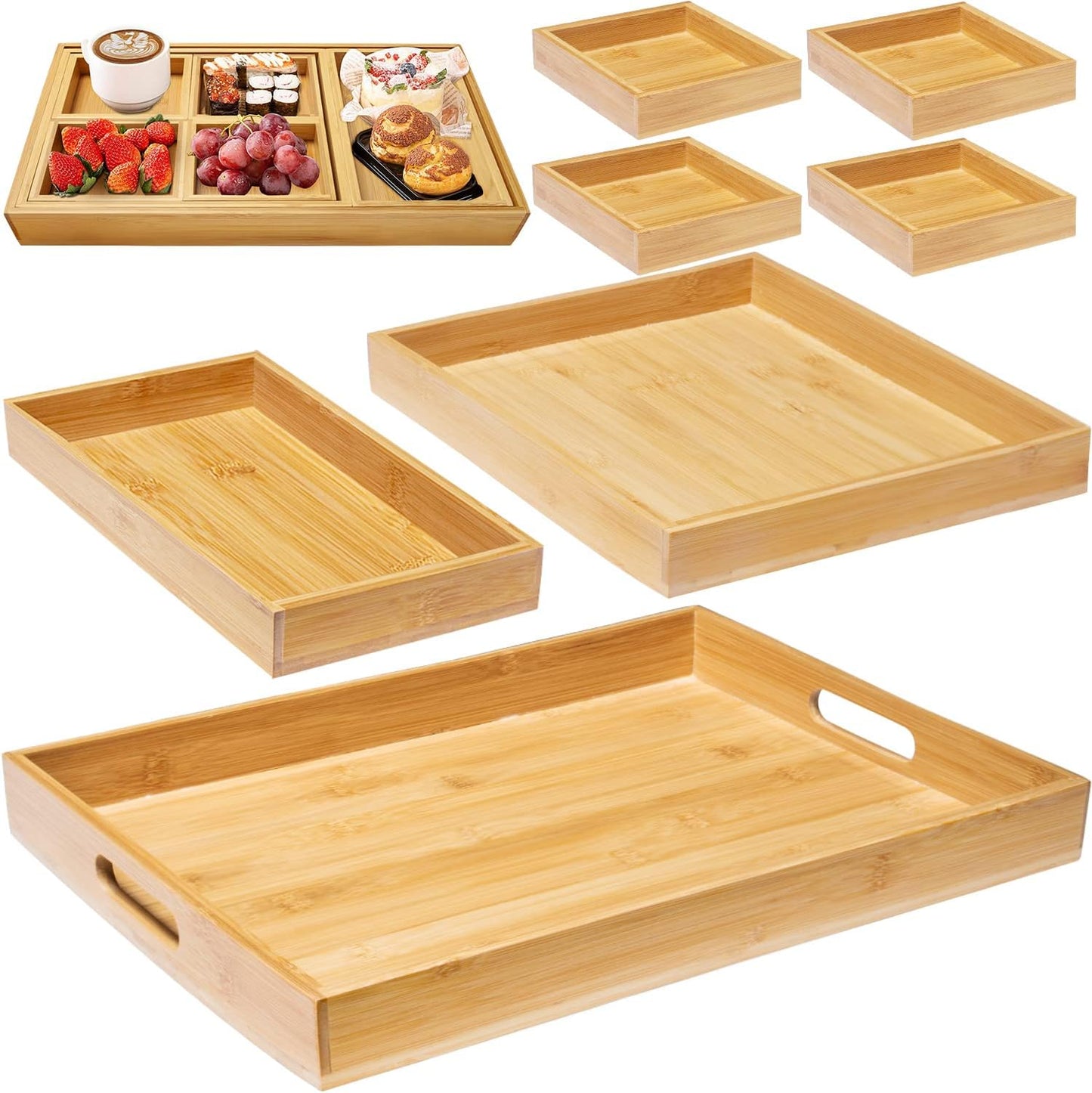 Wooden Serving Trays W/Handle Rectangular Bamboo Tray, Set of 7