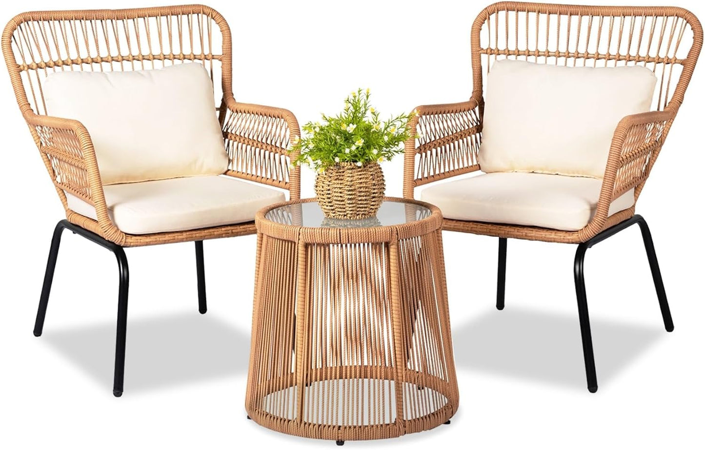 Bistro Set Chair & Table Wicker Rattan 3Pcs Outdoor Set, Beige