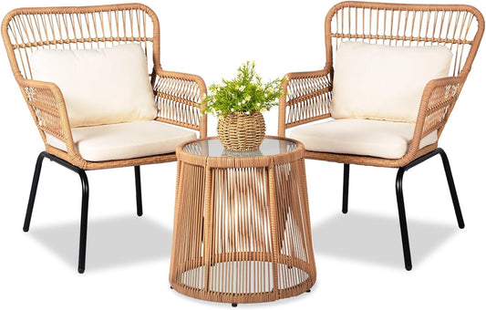 Bistro Set Chair & Table Wicker Rattan 3Pcs Outdoor Set, Beige