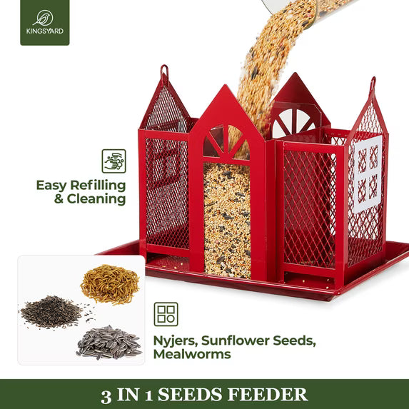 Metal Bird Feeder Patio Large Capacity Triple Feeders, Red