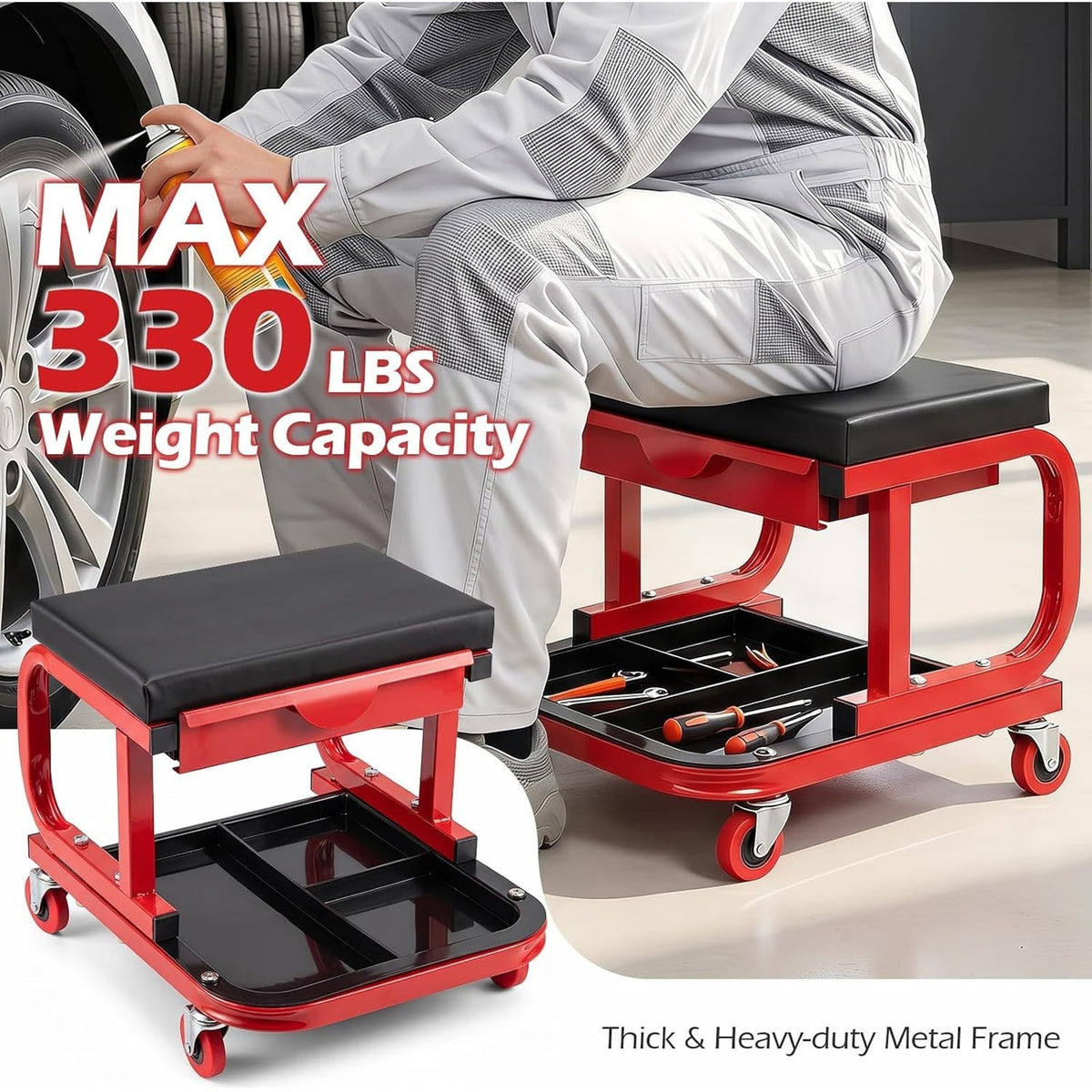 Rolling Mechanic Stool W/Magnetic Drawer & Tool Tray Creeper, Red