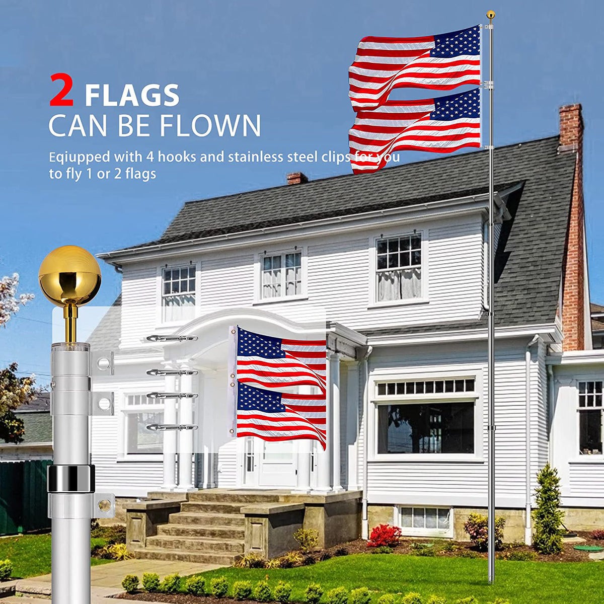 Telescoping Flag Pole 20Ft Polyester American Flag & Golden Ball