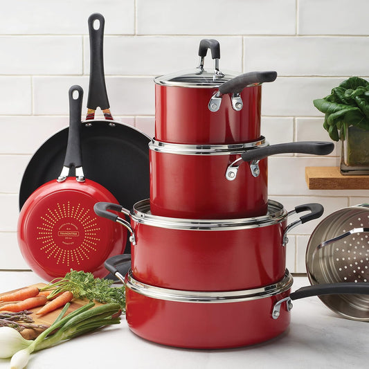 Cookware Set W/Lids 11-Piece Non Stick Pots and Pans Set-Red