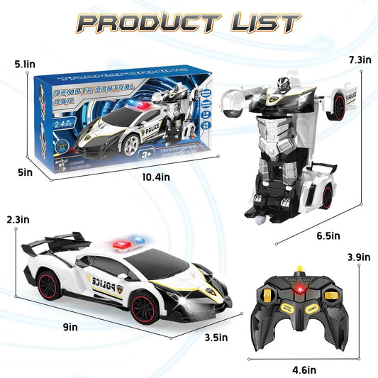 Transformer Robot RC Car One-Button Police Car W/LED Light, Black