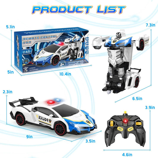 Transformer Robot RC Car One-Button Police Car W/LED Light, Blue