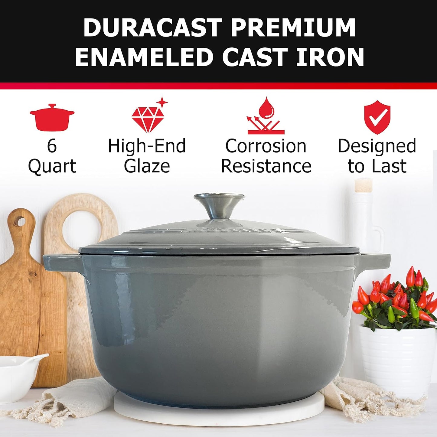 Enameled Cast Iron Dutch Oven Casserole W/Lid, 6 Qt - Gray