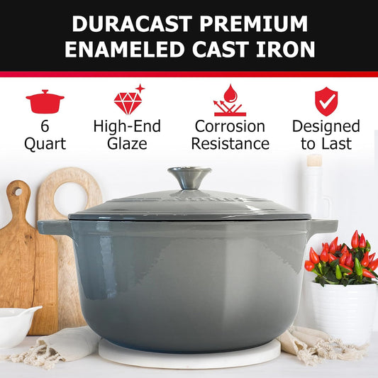 Enameled Cast Iron Dutch Oven Casserole W/Lid, 6 Qt - Gray