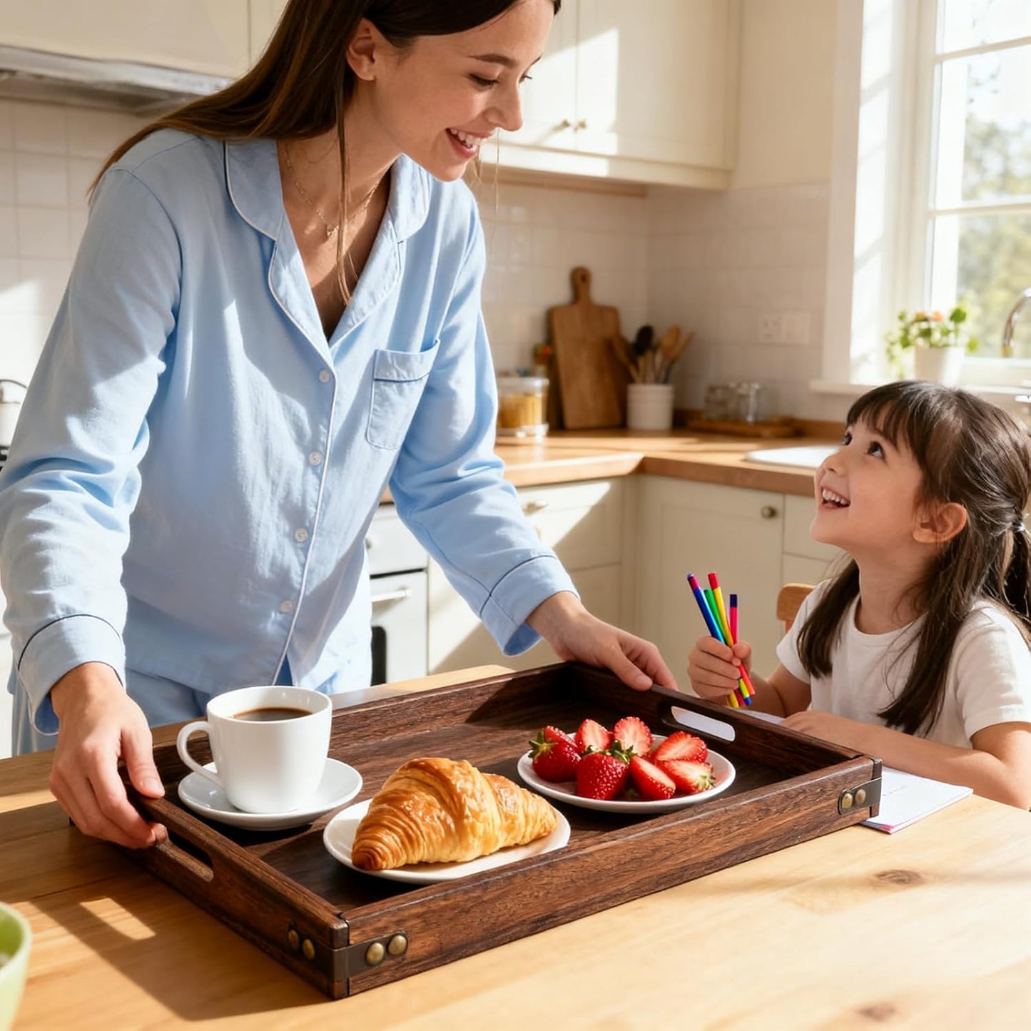 Wood Serving Tray W/Handles Rustic Wooden Platters Bed Tray