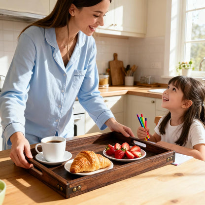 Wood Serving Tray W/Handles Rustic Wooden Platters Bed Tray