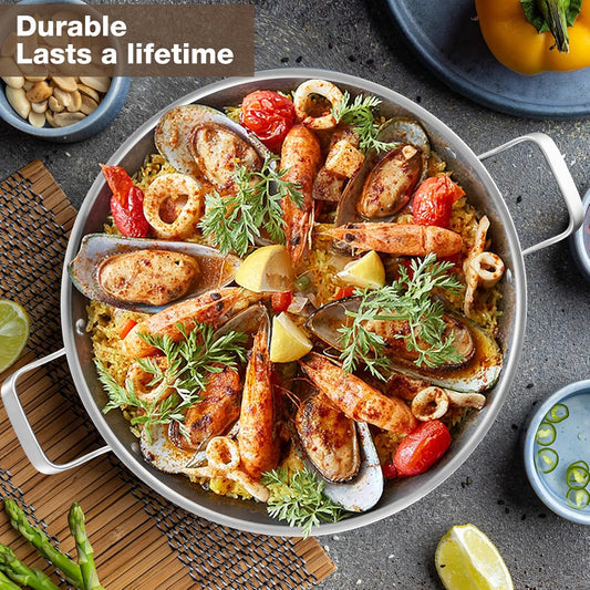 Paella Pan W/Lid Tri-Ply Stainless Steel Large Skillet, 13.5"