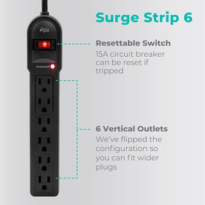 KMC 6-Outlet Surge Protector Power Strip 900 Joules, Set Of 2