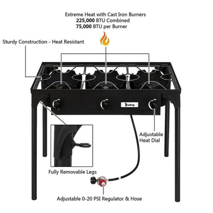 Portable Propane 3-Burner Gas Cooker Outdoor Camping Stove Grill
