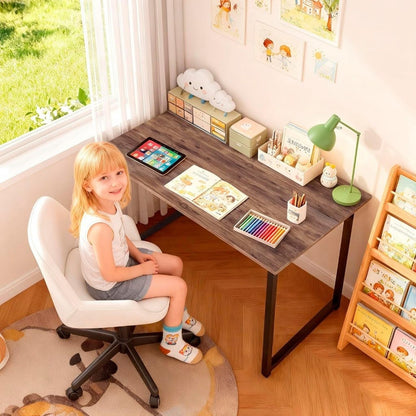 Small Computer Desk 32"W Office Writing Black Metal Table, Brown