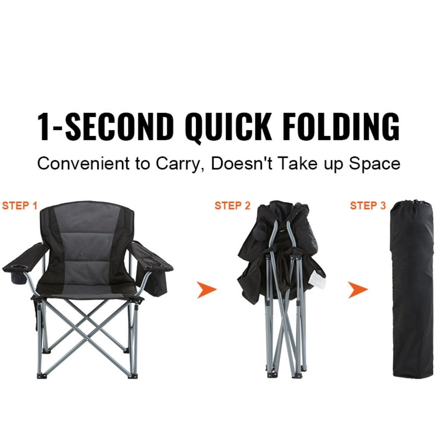 Camping Chair Padded Lumbar Support Cooler Bag Cup Holder, Black