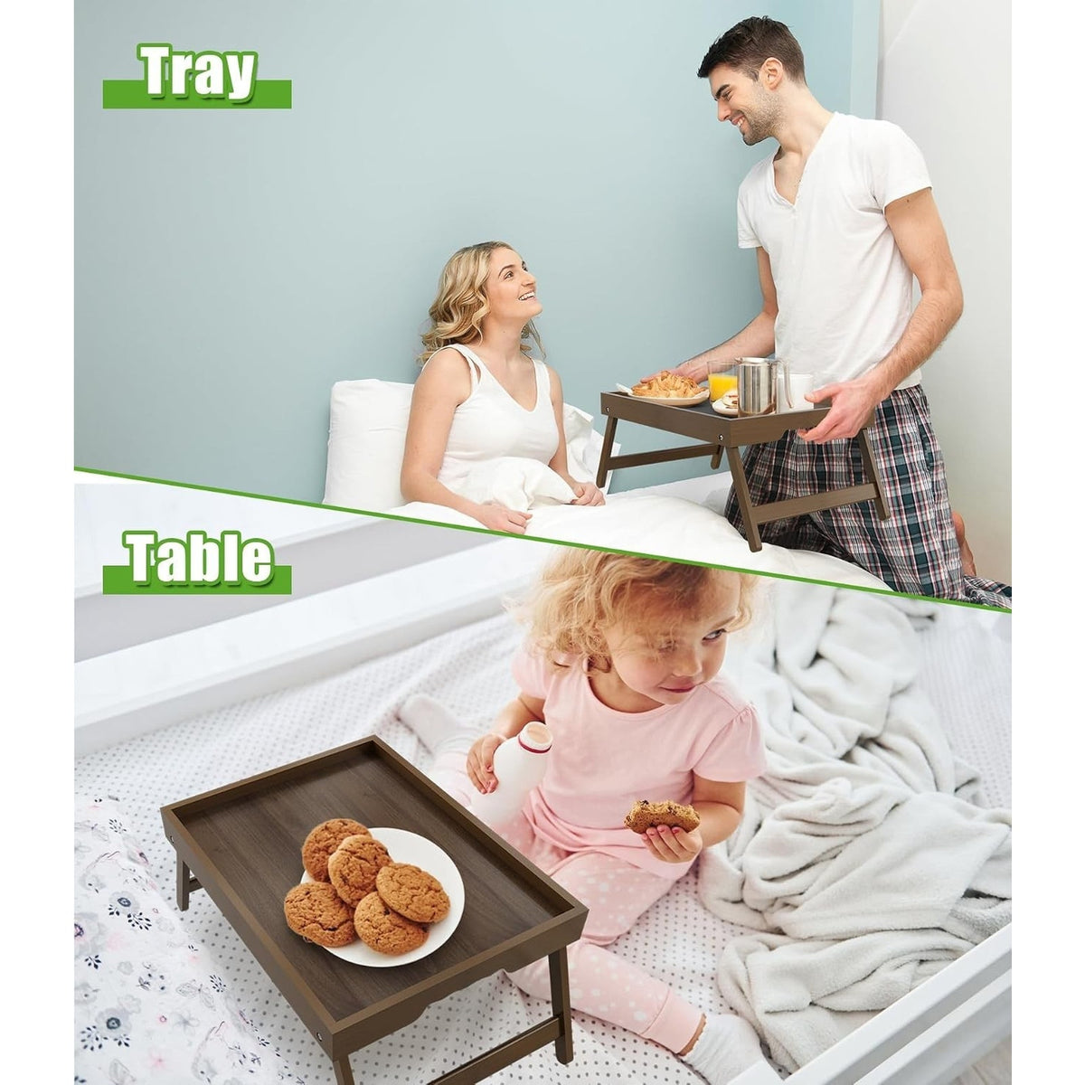 Bamboo Large Tray Folding Legs Bed Breakfast Portable Tray, Brown