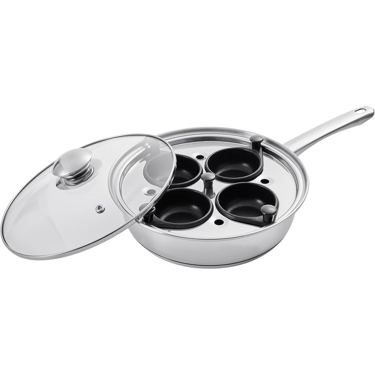 4-Cup Egg Poacher Pan Stainless Steel Nonstick Glass Lid Egg Cup