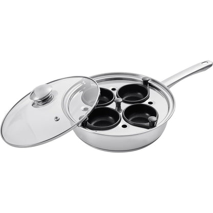 4-Cup Egg Poacher Pan Stainless Steel Nonstick Glass Lid Egg Cup