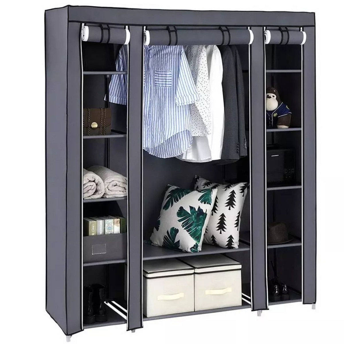 Portable Closet Wardrobe Rack Storage Organizer Fabric, Grey
