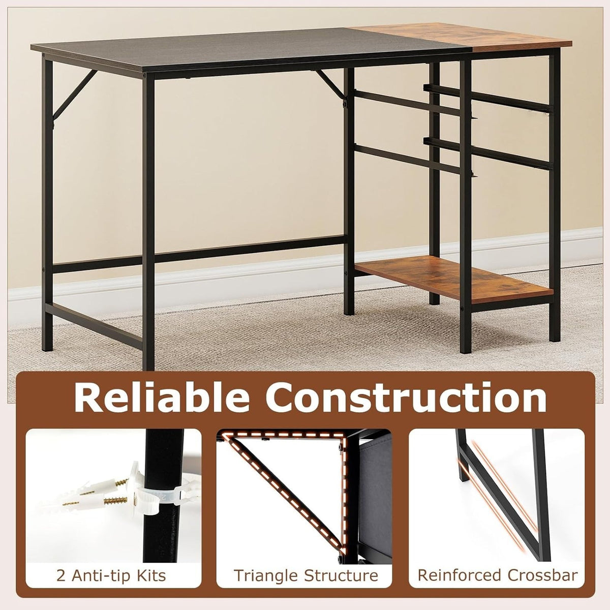 Computer Desk 2-Fabric Drawer Open Shelf 48"W Metal Frame Desk