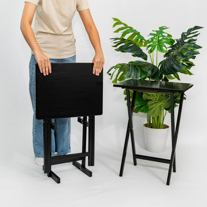 Folding Trays Storage Rack & 2 Tray Table 3-Piece Set, Black