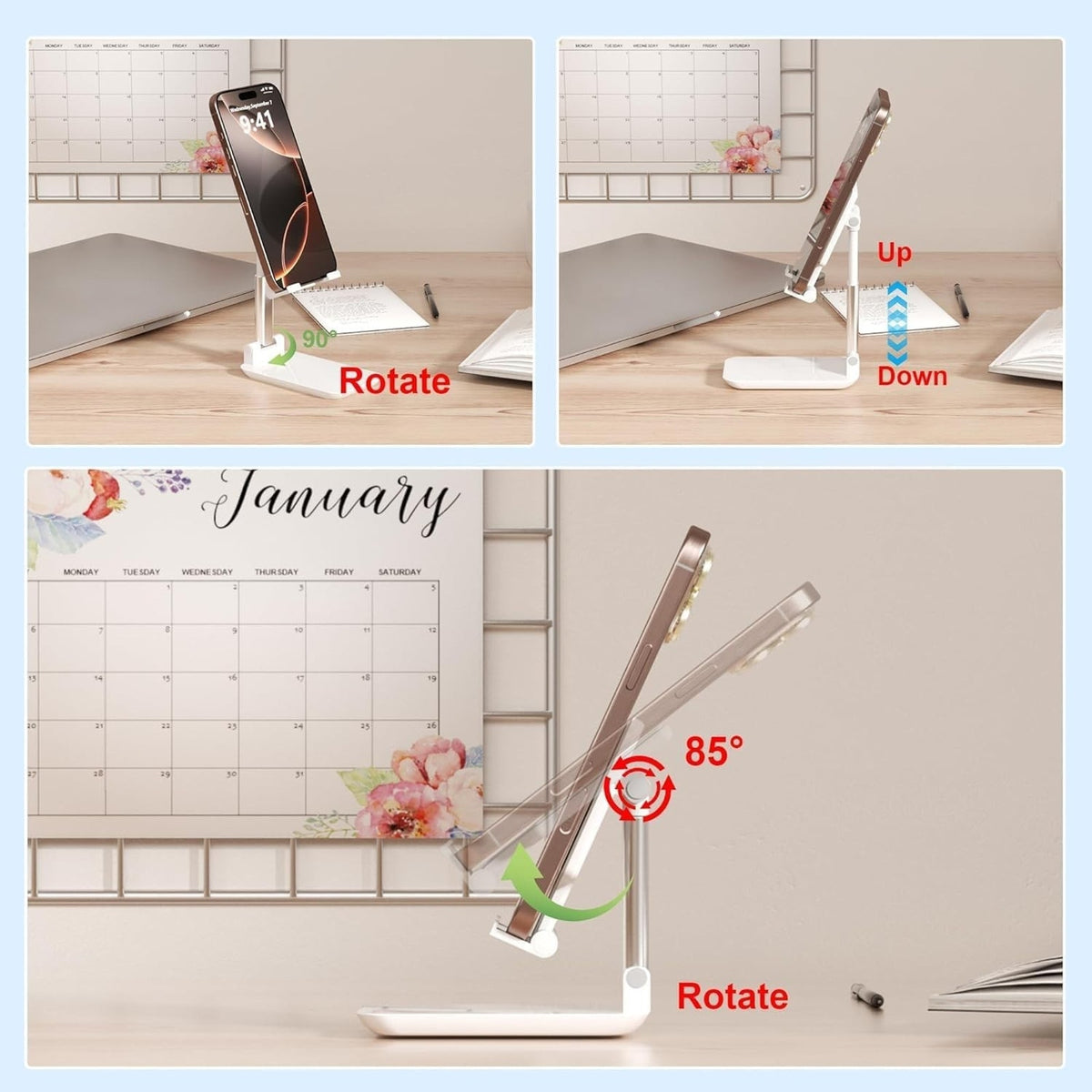 Foldable Stand Phone Adjustable Height Angle Desk Stand, White