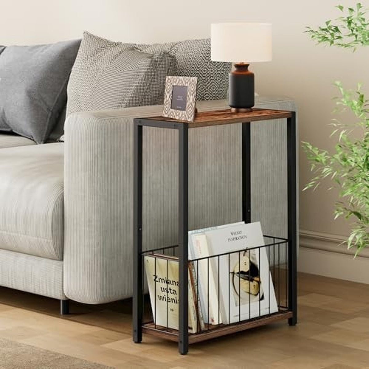Narrow Side Table 2-Tier Removable Storage End Table, Brown