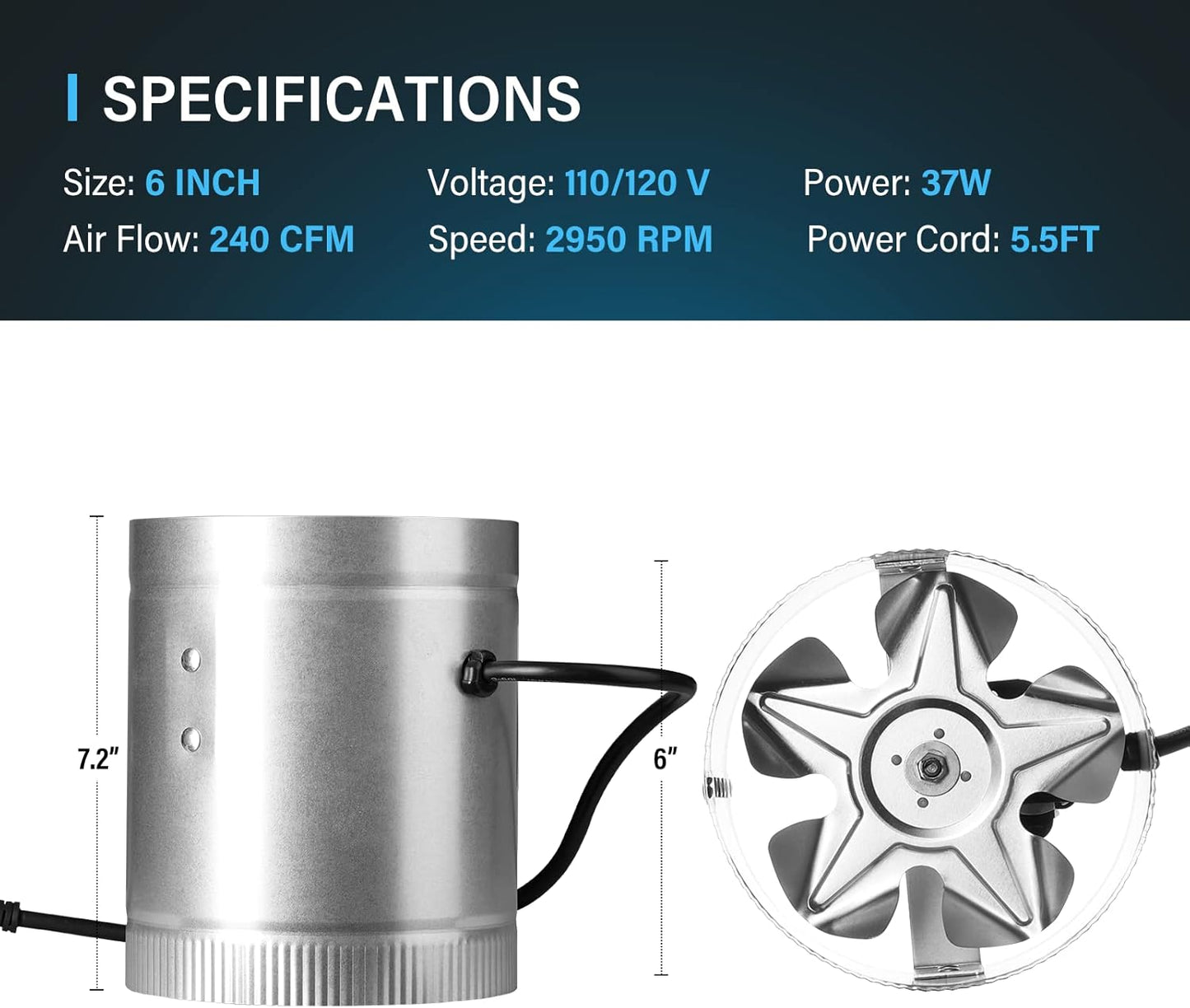 iPower 6 Inch Inline Duct Fan W/Low Noise Booster Exhaust