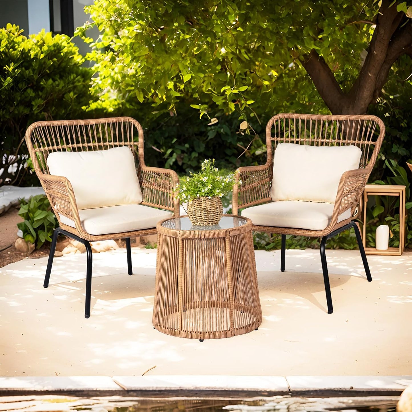 Bistro Set Chair & Table Wicker Rattan 3Pcs Outdoor Set, Beige