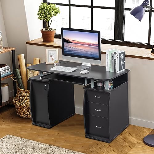 Writing Desk W/Charge Station MDF 3-Drawer Storage Cabinet, Black
