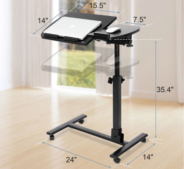 Overbed Desk Bedside Tiltable Tabletop Rolling Table, Black