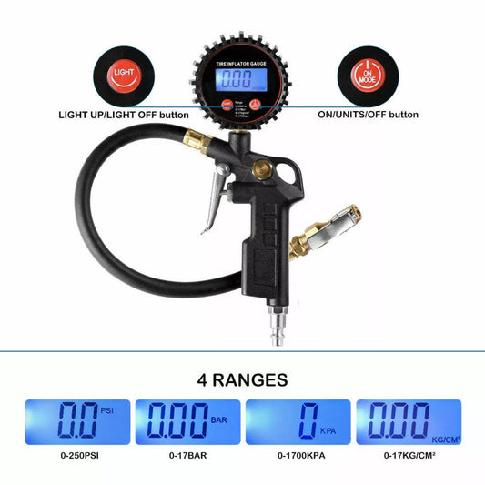 Digital Tire Inflator w/Pressure Gauge Rubber Hose Tire Gauge