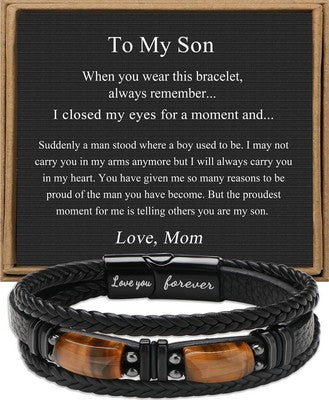 Leather Bracelet W/Tigers Eye To My Son Birthday Gift Bracelet