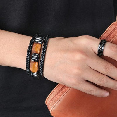 Leather Bracelet W/Tigers Eye To My Son Birthday Gift Bracelet