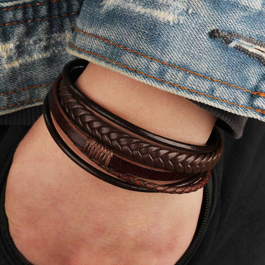 Men Bracelet Leather Bracelet Multi-Layer Magnetic Clasp, Brown