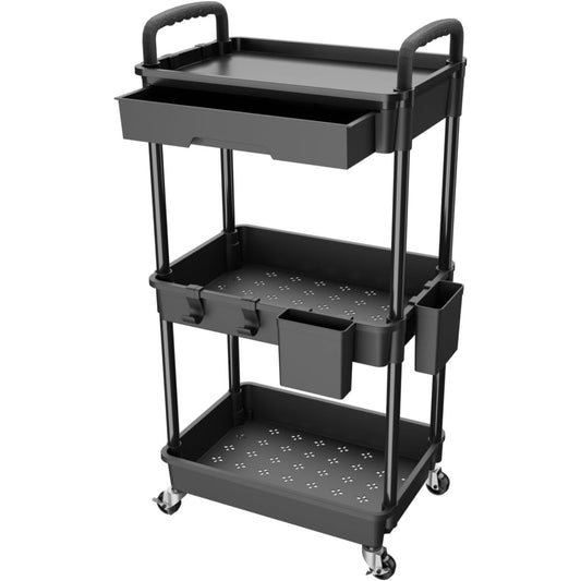Rolling 3 Tier Utility Cart with Drawer Storage Organizer, Black