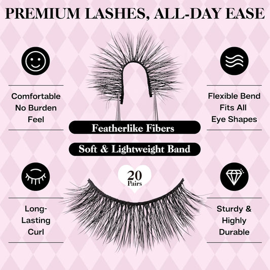 Fake Eyelashes Natural Look 2-Styles Wispy Fluffy Lashes-20 Pairs