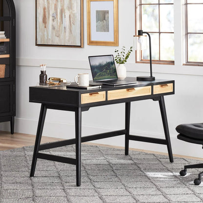 Enzo Writing Desk 3 Rattan Storage Drawers 54"W Desk, Black