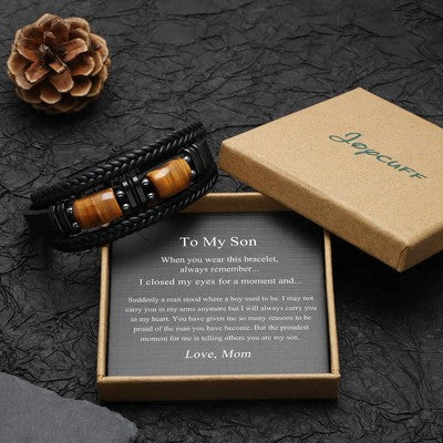 Leather Bracelet W/Tigers Eye To My Son Birthday Gift Bracelet