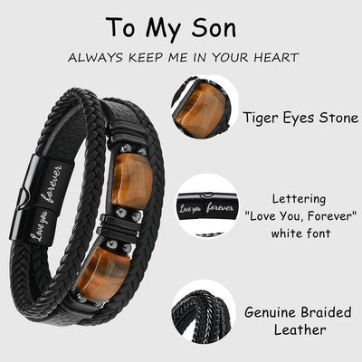 Leather Bracelet W/Tigers Eye To My Son Birthday Gift Bracelet