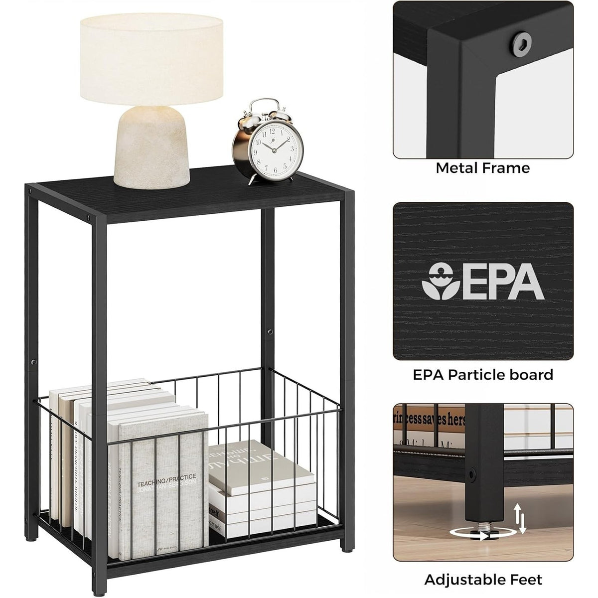 Side Table 2-Tier Stand W/Shelf Storage Bedside End Table, Black