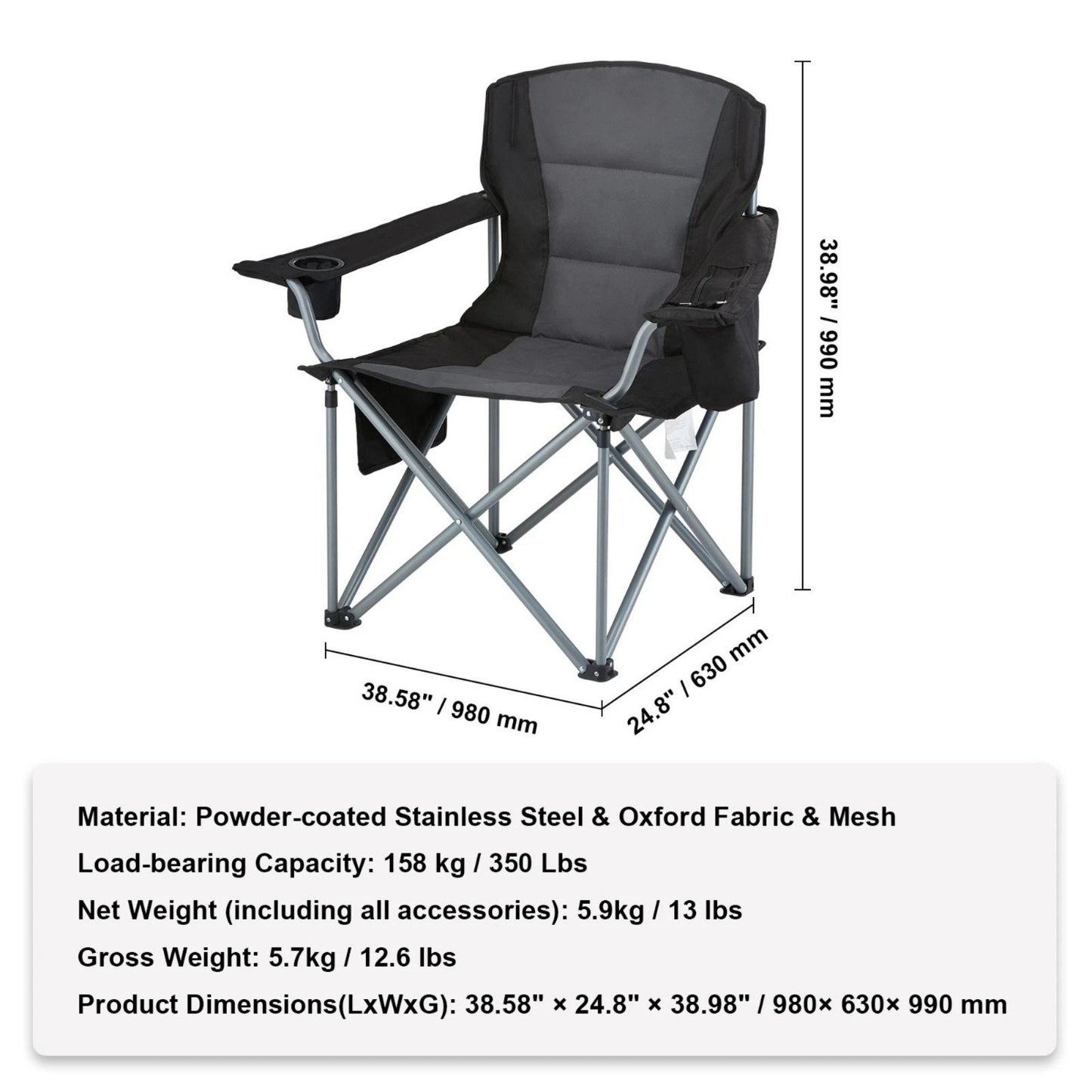 Camping Chair Padded Lumbar Support Cooler Bag Cup Holder, Black