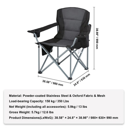 Camping Chair Padded Lumbar Support Cooler Bag Cup Holder, Black