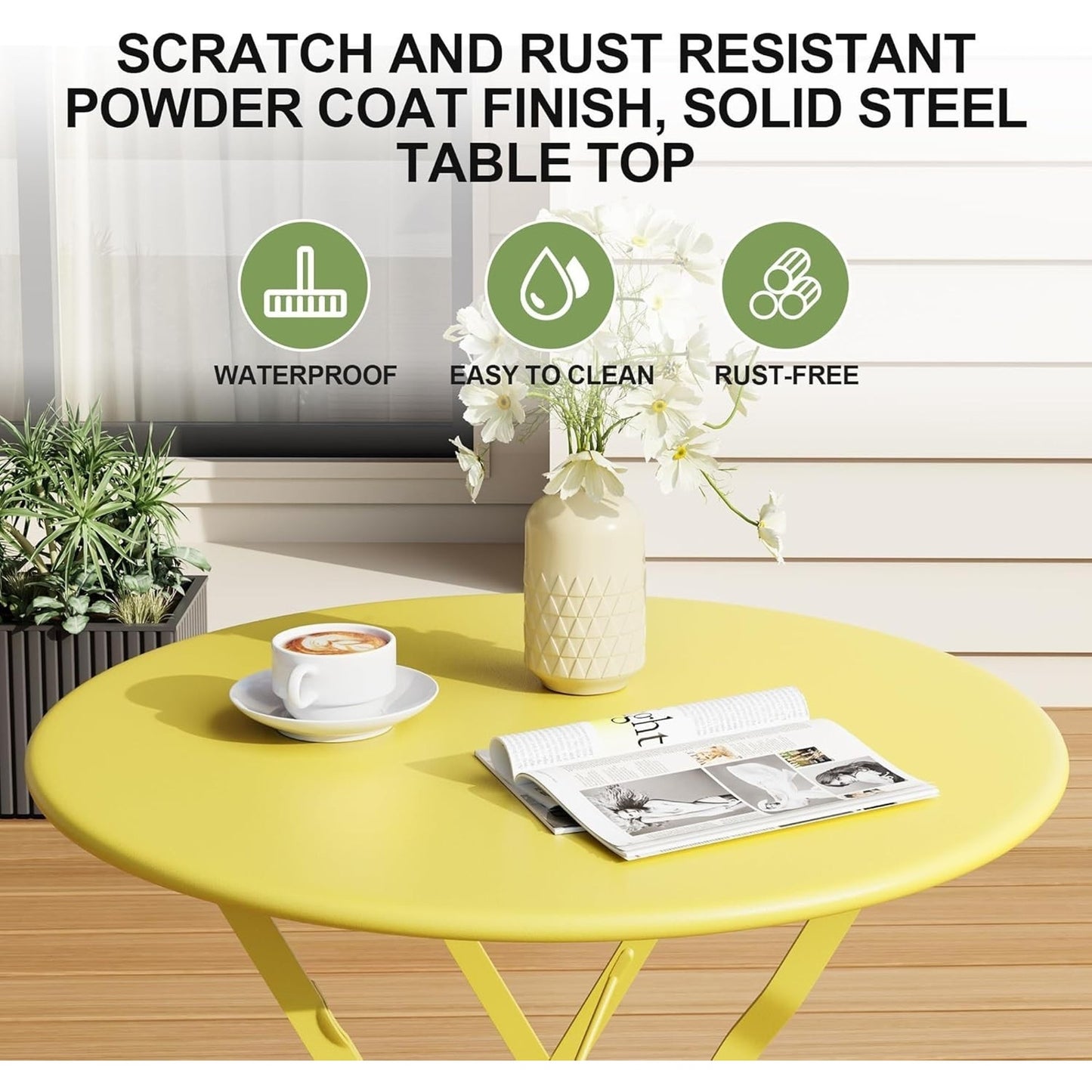 Bistro Set 3-Pcs Folding Garden Steel Frame Bistro Set, Yellow