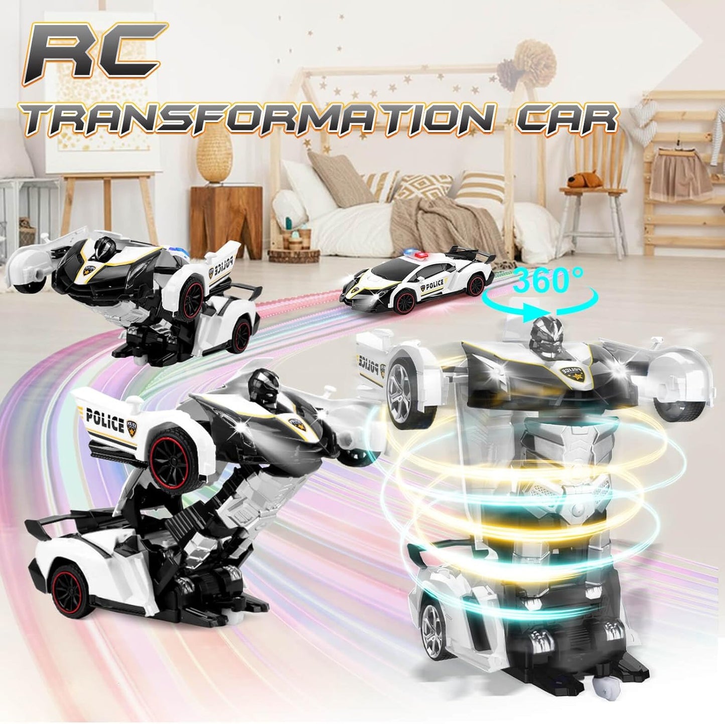 Transformer Robot RC Car One-Button Police Car W/LED Light, Black